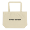 i-need-god.com name printed on side of tote bag in black