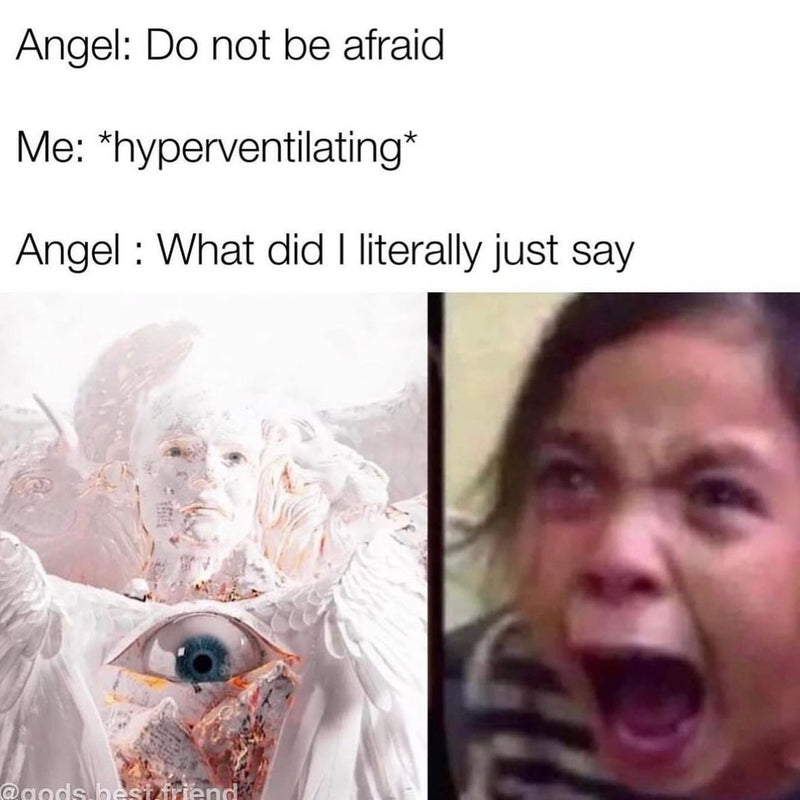 Angel: Do not be afraid. Me: *hyperventilating* Angel: What did I literally just say. A biblically accurate angel with a giant eye beside a little girl screaming and crying.