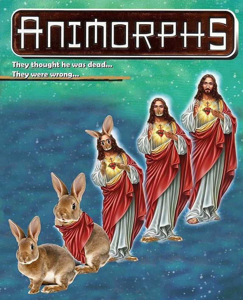Animorphs book cover parody: They thought he was dead... They were wrong... A rabbit morphs step by step into a Sacred Heart Jesus.