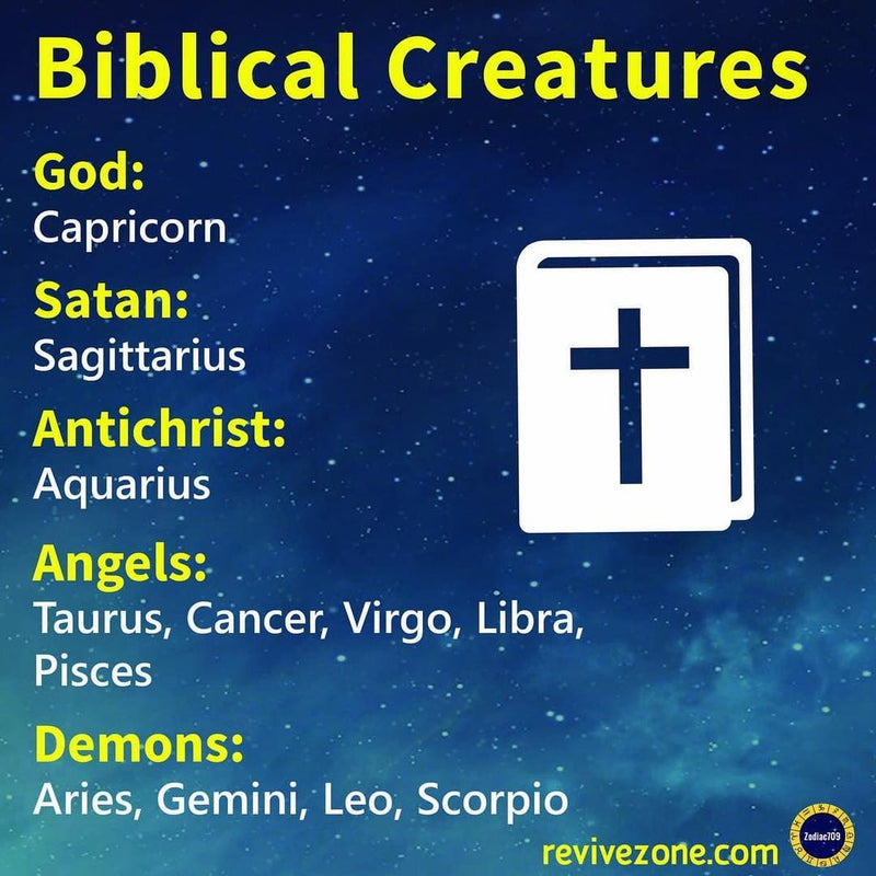 Biblical Creatures. God: Capricorn. Satan: Sagittarius. Antichrist: Aquarius. Angels: Taurus, Cancer, Virgo, Libra, Pisces. Demons: Aries, Gemini, Leo, Scorpio.
