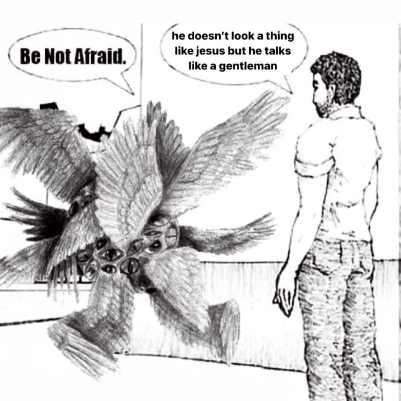 Biblically accurate angel with many wings and eyes: Be Not Afraid. Man watching: he doesn't look a thing like jesus but he talks like a gentleman