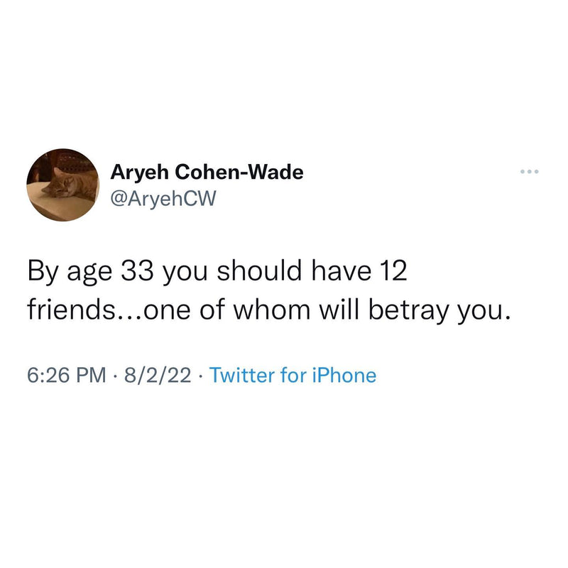 Tweet: By age 33 you should have 12 friends...one of whom will betray you.