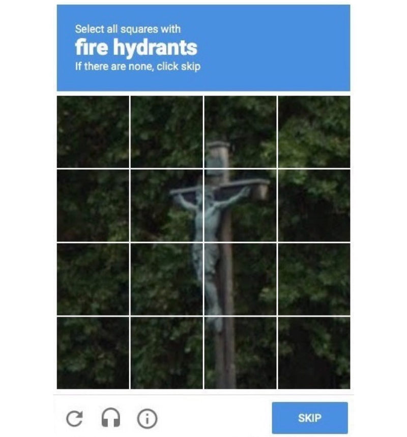 Select all squares with fire hydrants. If there are none, click skip. A reCAPTCHA grid showing a crucifix with Jesus on the cross.