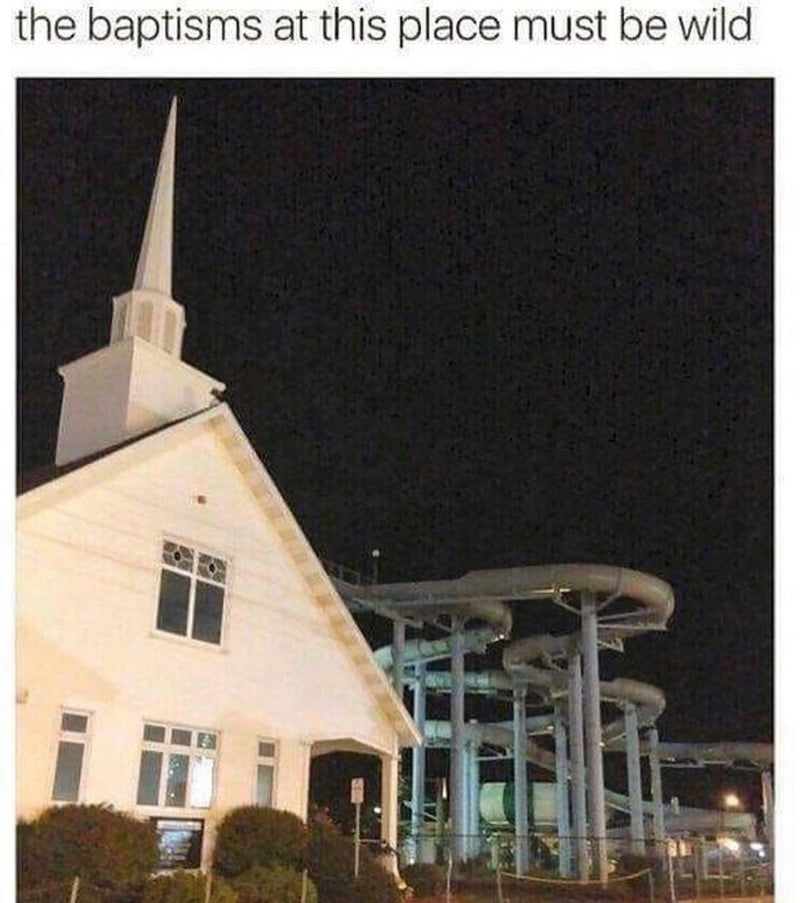 the baptisms at this place must be wild. A white church with a steeple right next to towering water slides at night.