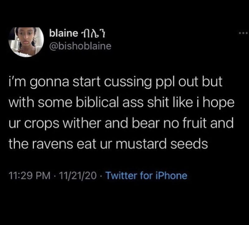 Tweet: i'm gonna start cussing ppl out but with some biblical ass shit like i hope ur crops wither and bear no fruit and the ravens eat ur mustard seeds
