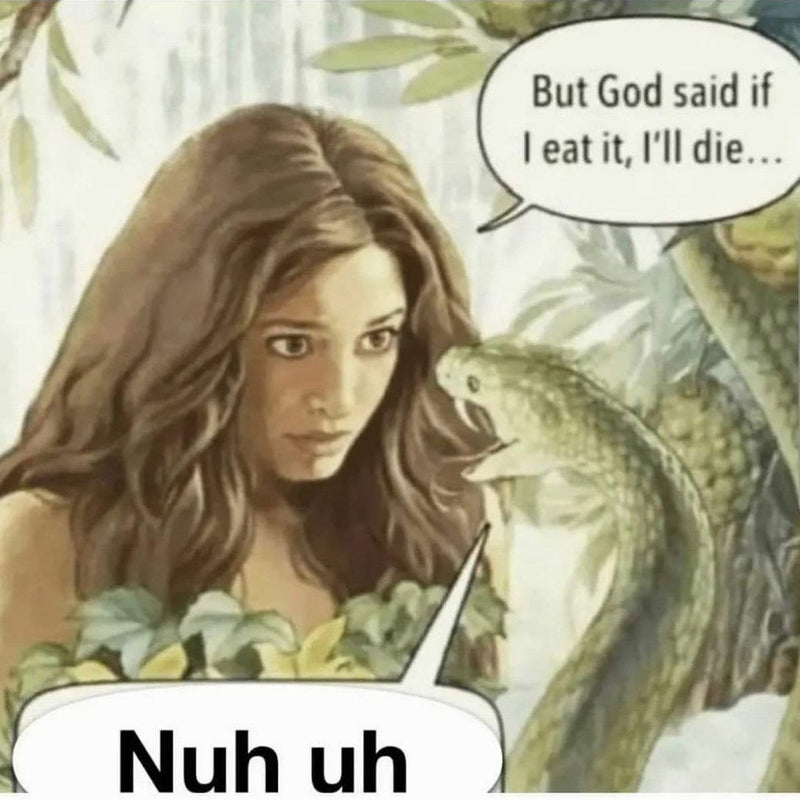 Eve: But God said if I eat it, I'll die... Serpent: Nuh uh. A painting of Eve face to face with the snake in the Garden of Eden.