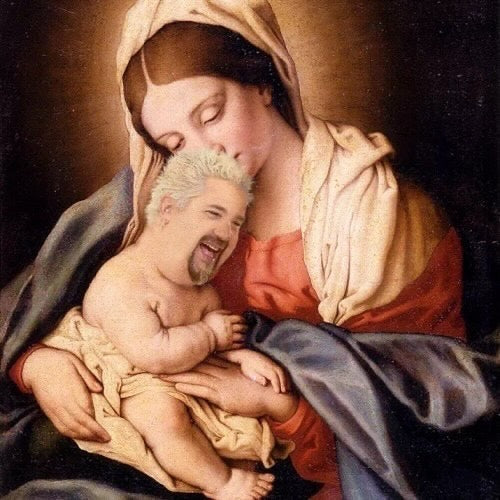 Renaissance Madonna and Child painting with Guy Fieri's grinning face edited onto baby Jesus.