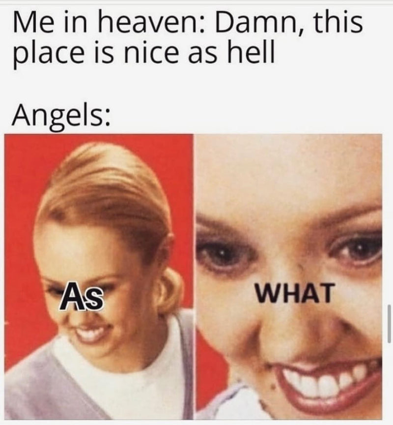 Me in heaven: Damn, this place is nice as hell. Angels: As WHAT. A grinning woman leaning in, in the "As what" reaction format.