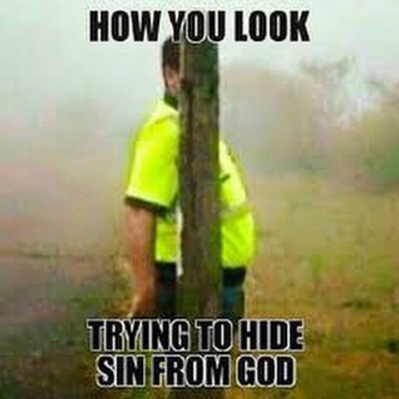 How you look trying to hide sin from God. Over a photo of a man in a hi-vis shirt hiding behind a thin wooden post.