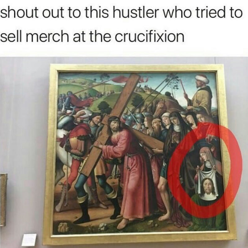 shout out to this hustler who tried to sell merch at the crucifixion. A painting of Jesus carrying the cross, with Veronica's veil bearing his face circled in red.