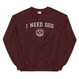 I NEED GOD VARSITY SWEATER