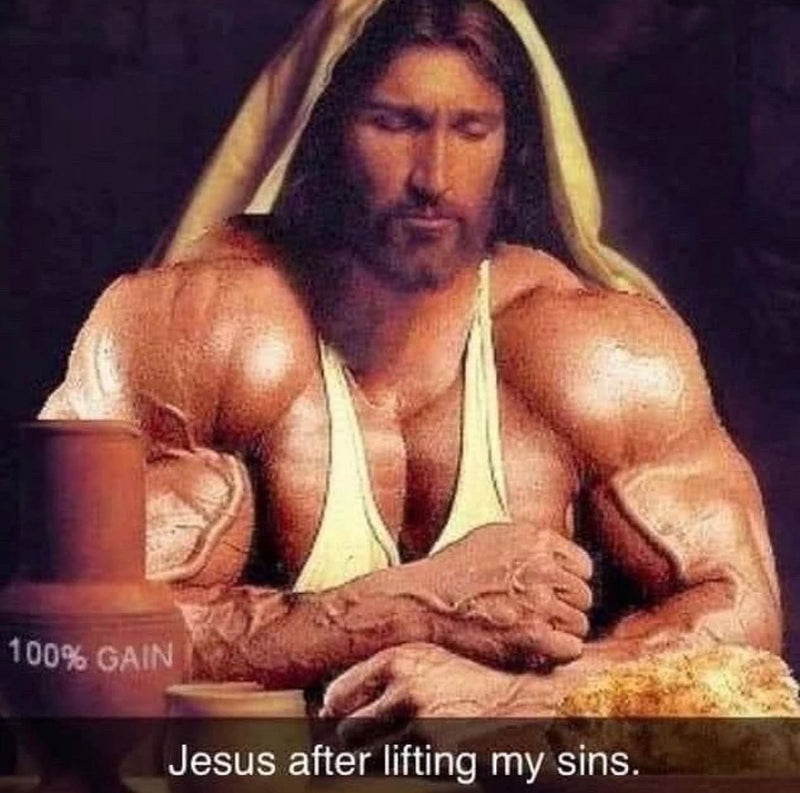 Jesus after lifting my sins. 100% GAIN. A Last Supper painting of Jesus edited with huge bodybuilder muscles and a tank top.