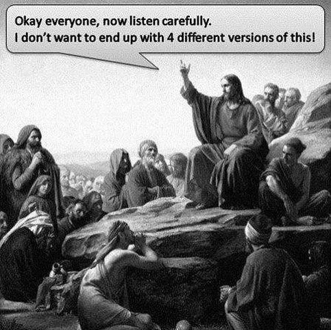 Jesus preaching to a crowd: Okay everyone, now listen carefully. I don't want to end up with 4 different versions of this! Over the Sermon on the Mount painting.