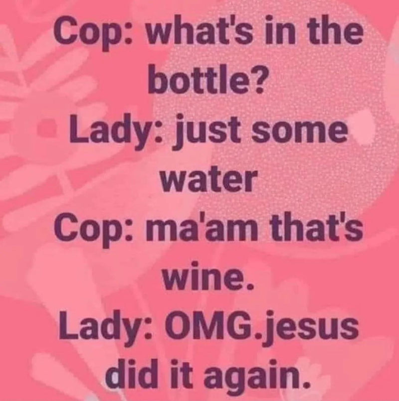 Cop: what's in the bottle? Lady: just some water. Cop: ma'am that's wine. Lady: OMG. jesus did it again.