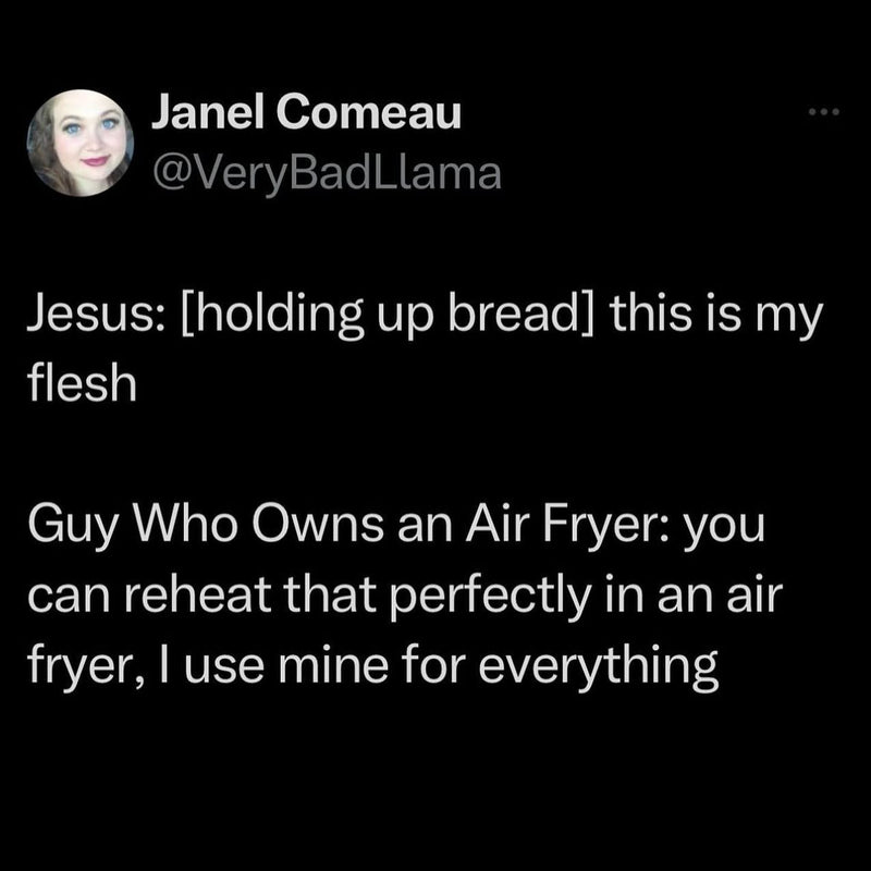 Tweet: Jesus: [holding up bread] this is my flesh. Guy Who Owns an Air Fryer: you can reheat that perfectly in an air fryer, I use mine for everything