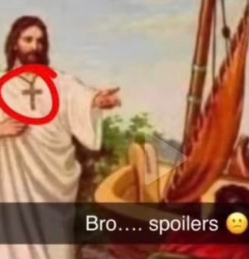 Bro.... spoilers. A painting of Jesus wearing a cross necklace, with the cross circled in red.