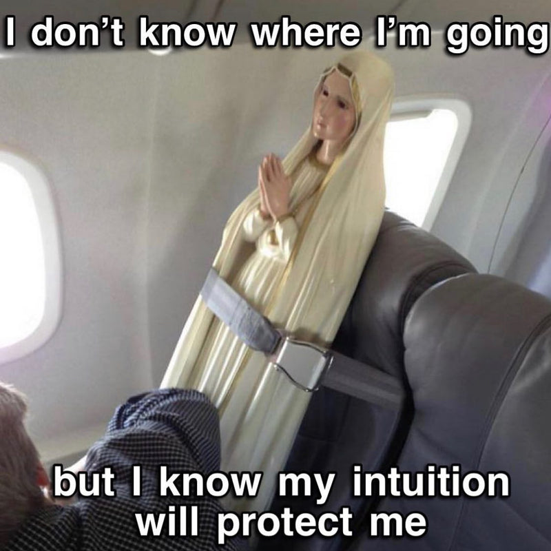 I don't know where I'm going but I know my intuition will protect me. A large Virgin Mary statue strapped into an airplane seat with a seatbelt.