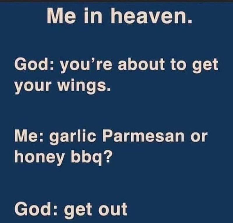 Me in heaven. God: you're about to get your wings. Me: garlic Parmesan or honey bbq? God: get out