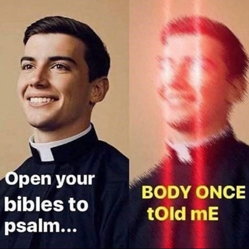 Open your bibles to psalm... BODY ONCE tOld mE. A smiling young priest, then the same priest distorted and deep-fried in red.