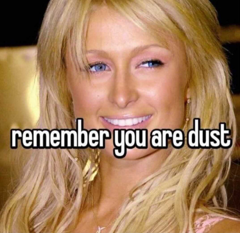 remember you are dust, over a smiling close-up of Paris Hilton.
