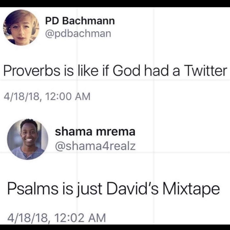 Tweet: Proverbs is like if God had a Twitter. Reply: Psalms is just David's Mixtape