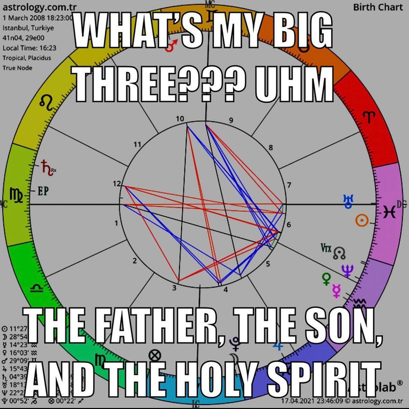 WHAT'S MY BIG THREE??? UHM THE FATHER, THE SON, AND THE HOLY SPIRIT over an astrology birth chart.