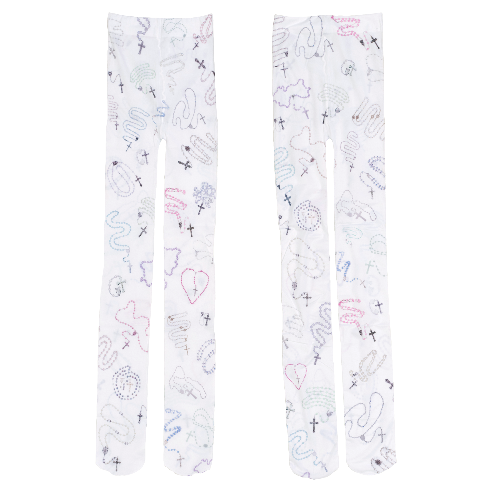 All-over print rosary tights. White, 30D, multi-color. Front and back.