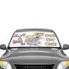 Sunshield with the phrase "Just a dog in god's hot car" on it with a dog cartoon by Liz michael
